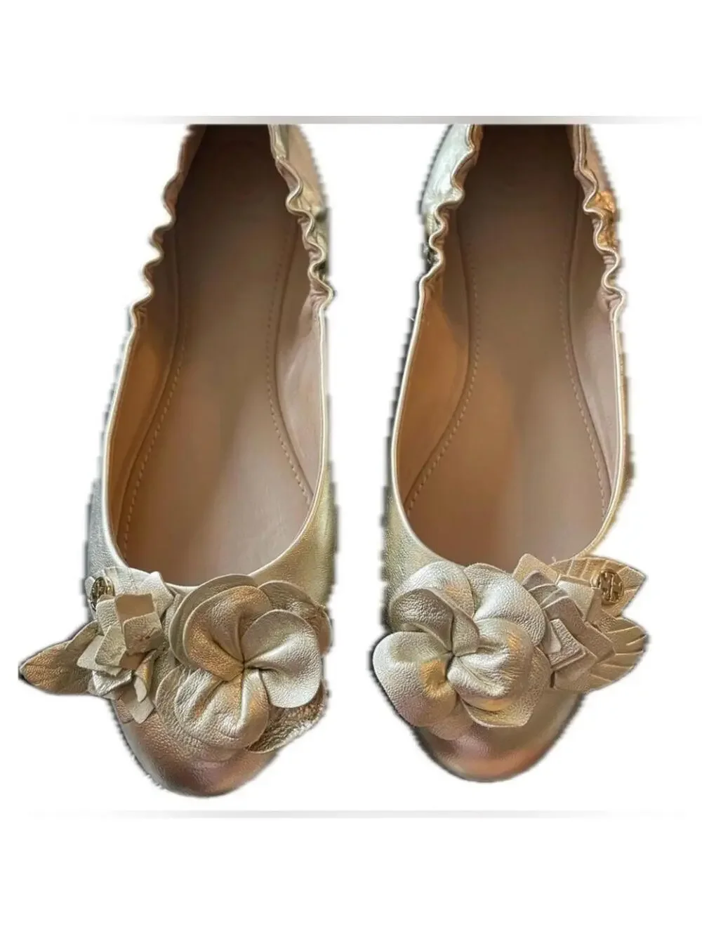 Tory Burch Elegant Gold Floral Women's Flats, Size 7.5